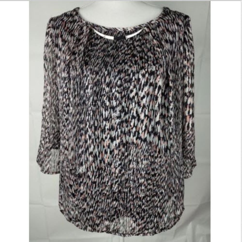 Roz & Ali Blouse Sz L Career 3/4 Sleeves Gray Pink